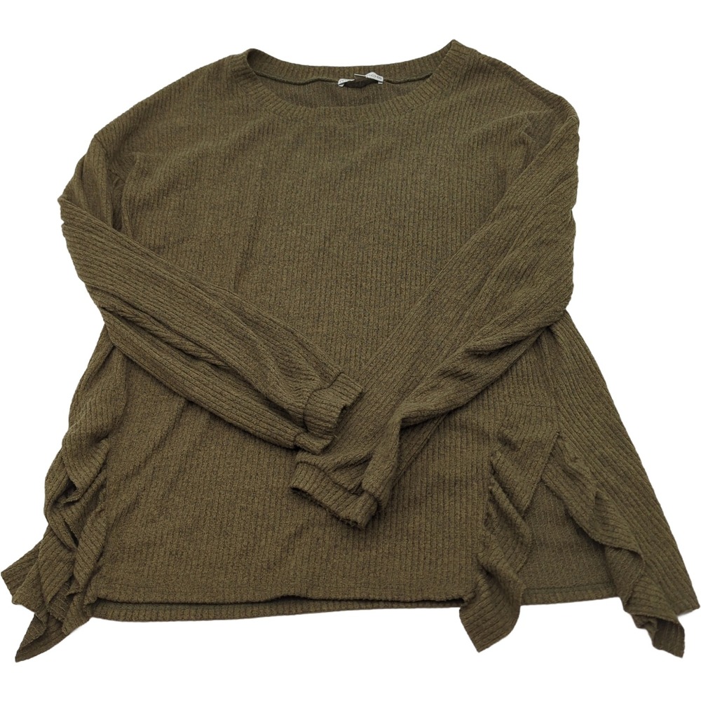 Moa Moa Olive Green Ribbed Knit Ruffle Side Long Sleeve Top Large